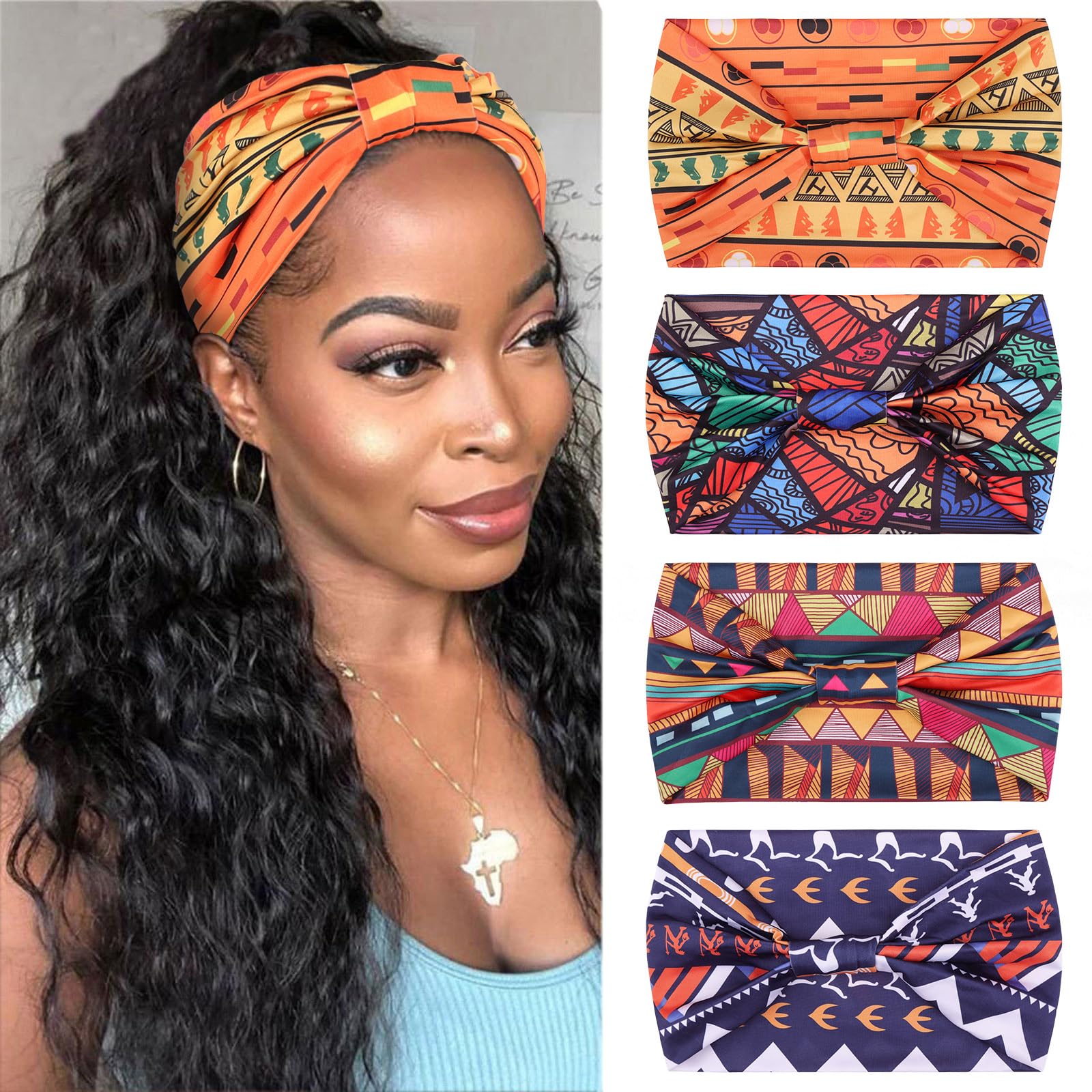 XTREND front view of four-pack headbands showing prints and knotted detail for style