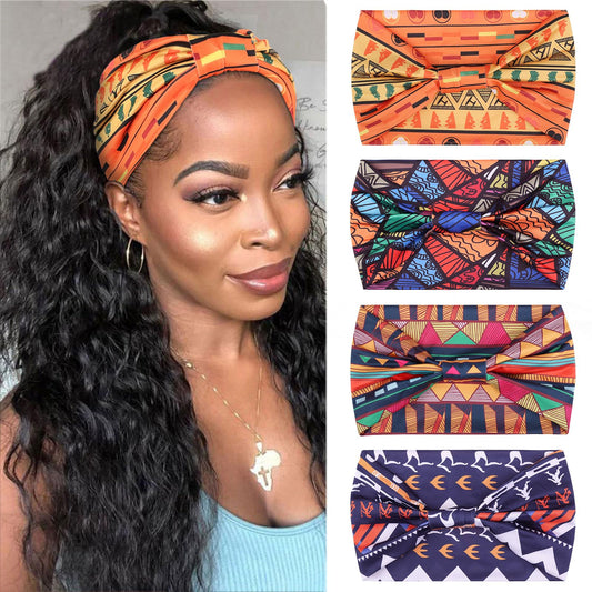 XTREND front view of four-pack headbands showing prints and knotted detail for style