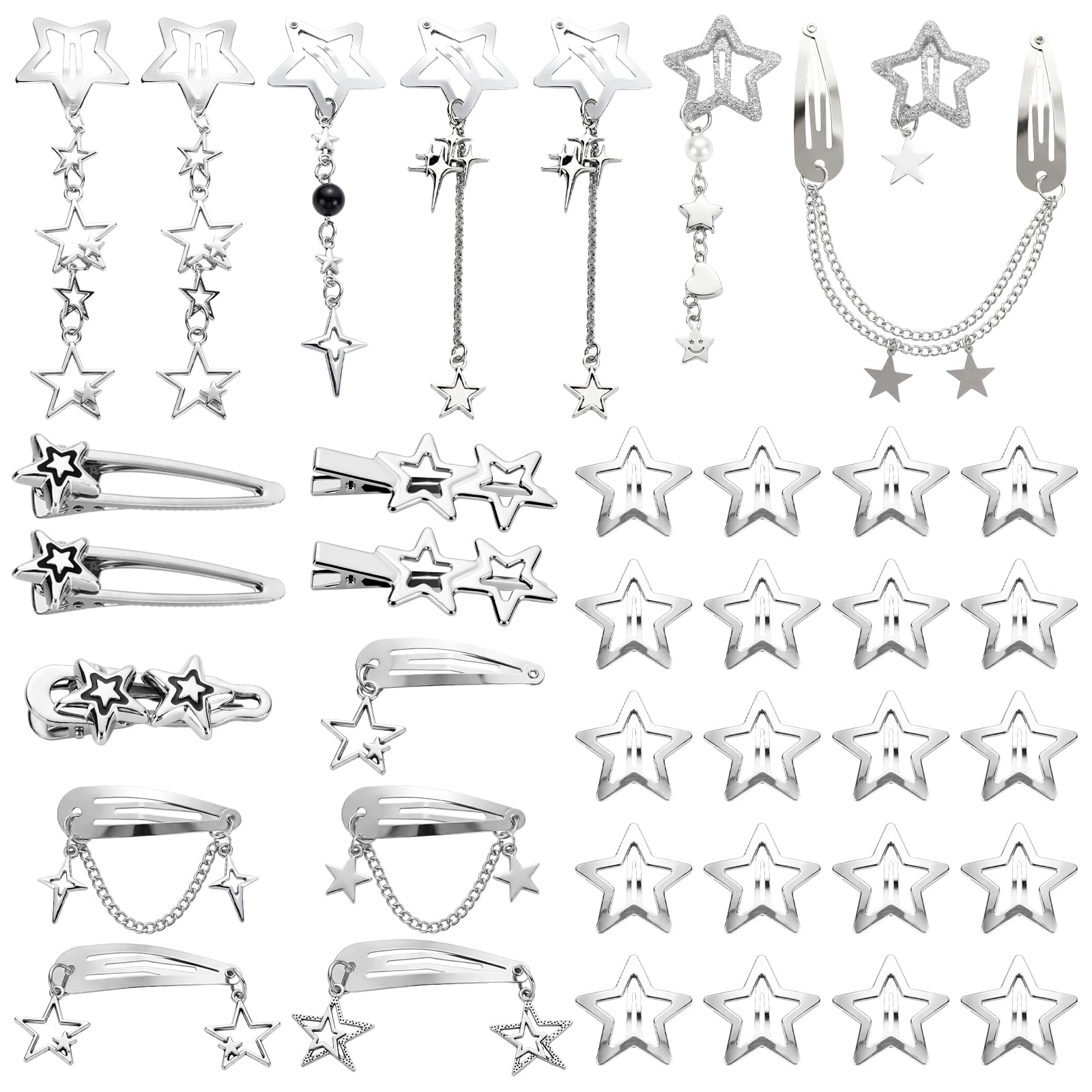 XunYee front view of full 39-piece silver star clips set showing variety and value