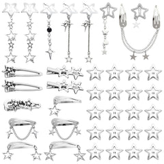 XunYee front view of full 39-piece silver star clips set showing variety and value