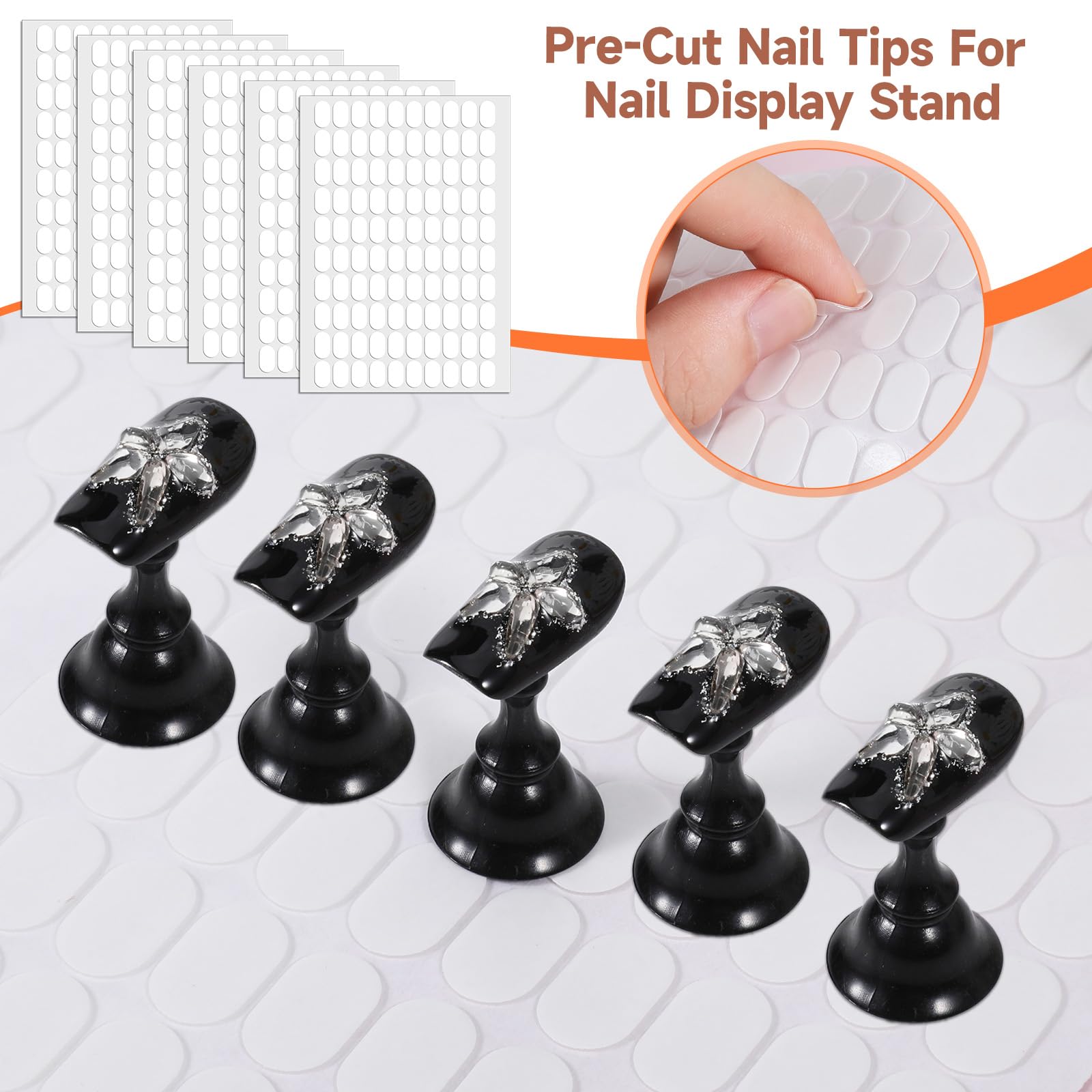 Xyembu nail display with tabs holding press-on nails for tidy presentations
