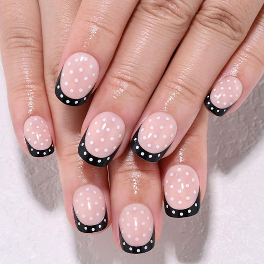 XZMeiLun close-up of black polka dot French tip pattern for precise detail