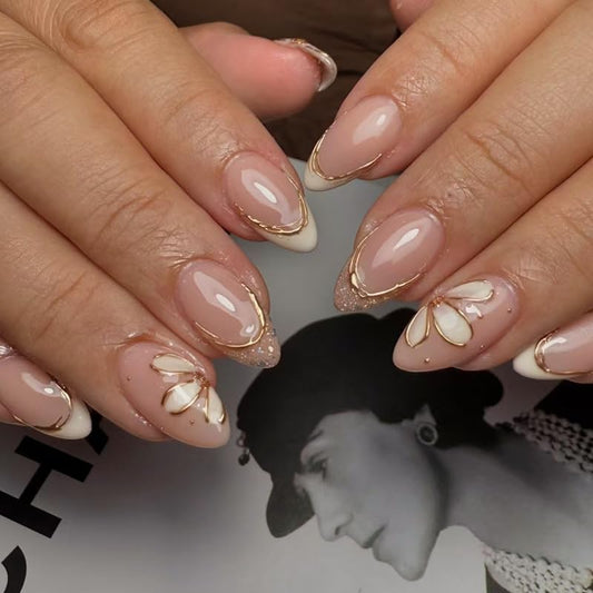 XZMeiLun front packaging showing pink almond press on nails and included glue for easy application