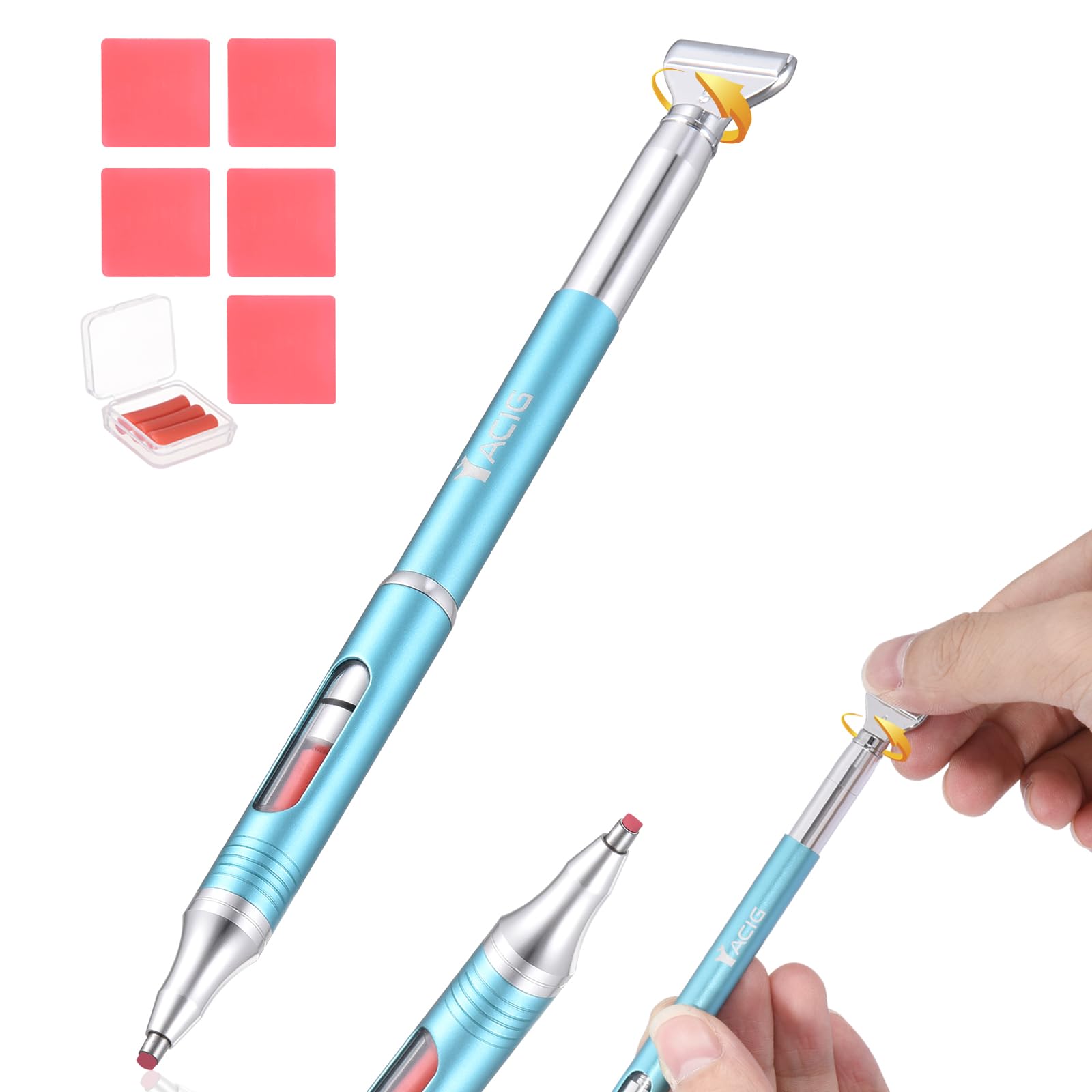 Yacig metal diamond pen front view showing blue body and dual ends for accurate placement
