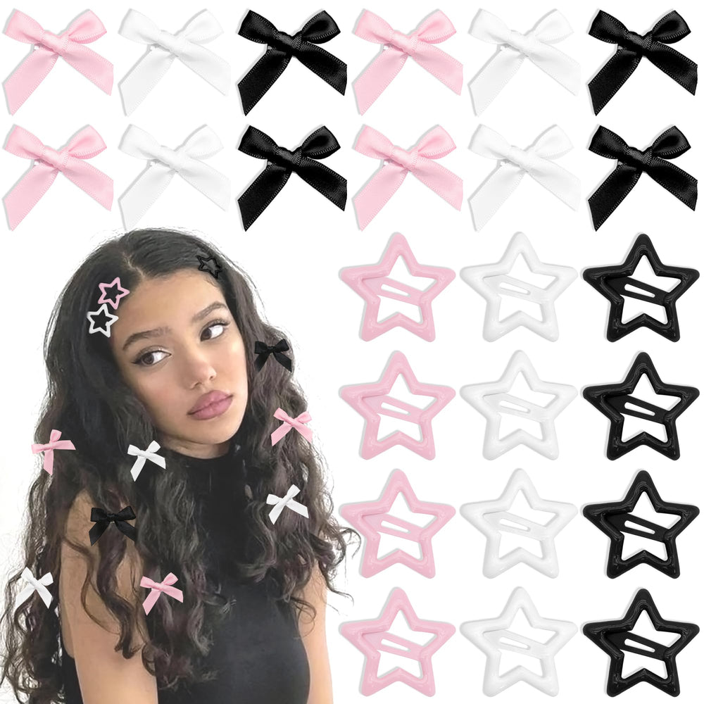 YAEISM front view of 24-piece bow and star clip set showing variety and color