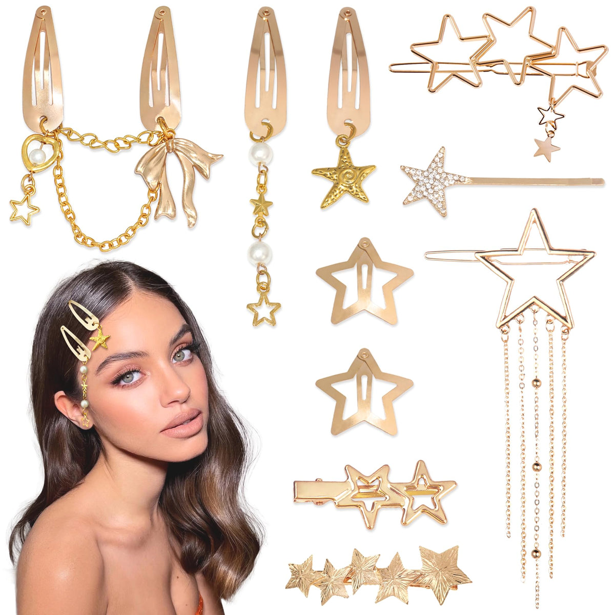 YAEISM front view of gold star clips showing set and shapes for versatile styling