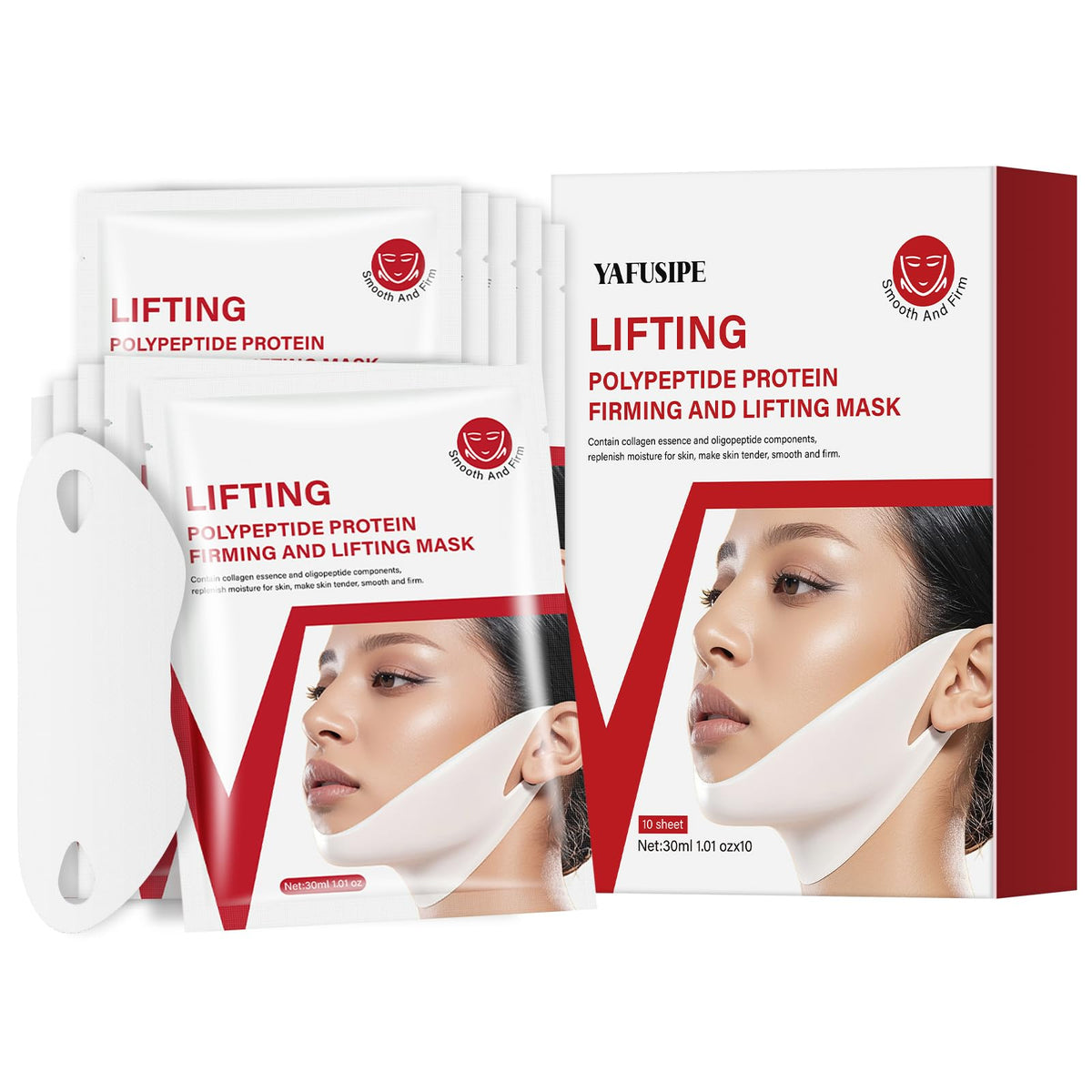 YAFUSIPE front packaging showing ten V line lifting mask sheets for quick firming