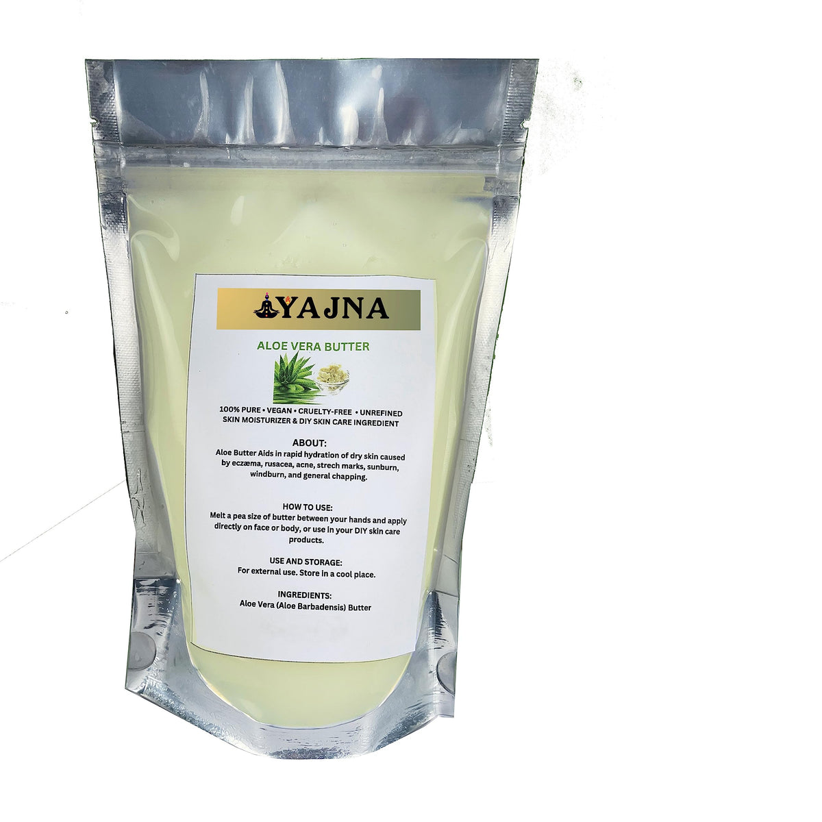 Yajna jar front view showing pure aloe butter and natural packaging benefits