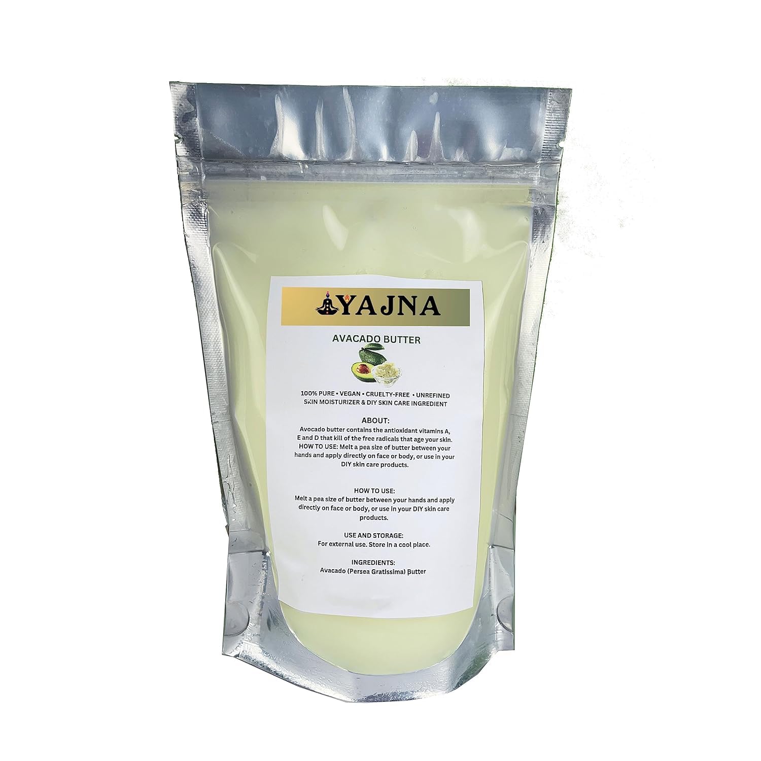 Yajna front packaging showing pure avocado butter, highlights quality