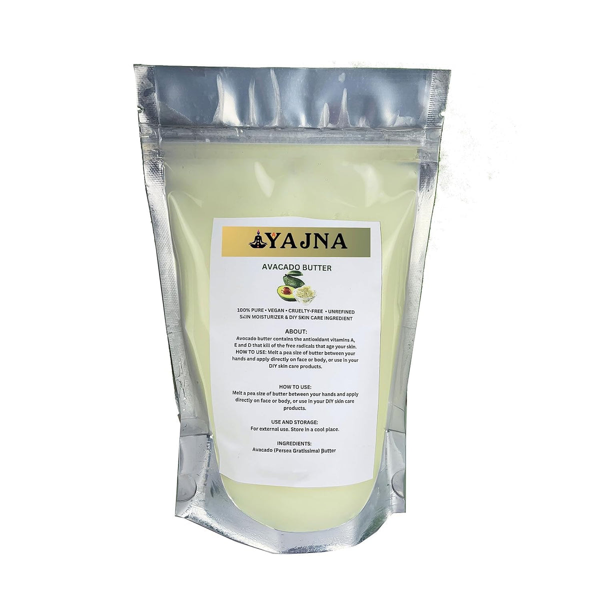 Yajna front packaging showing pure avocado butter, highlights quality