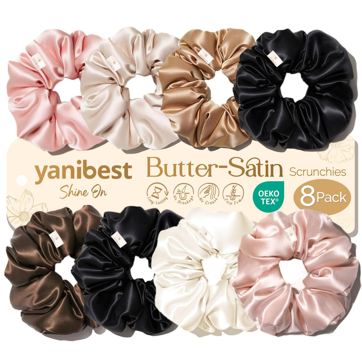 YANIBEST front package showing eight satin scrunchies and gifting box, convenient storage