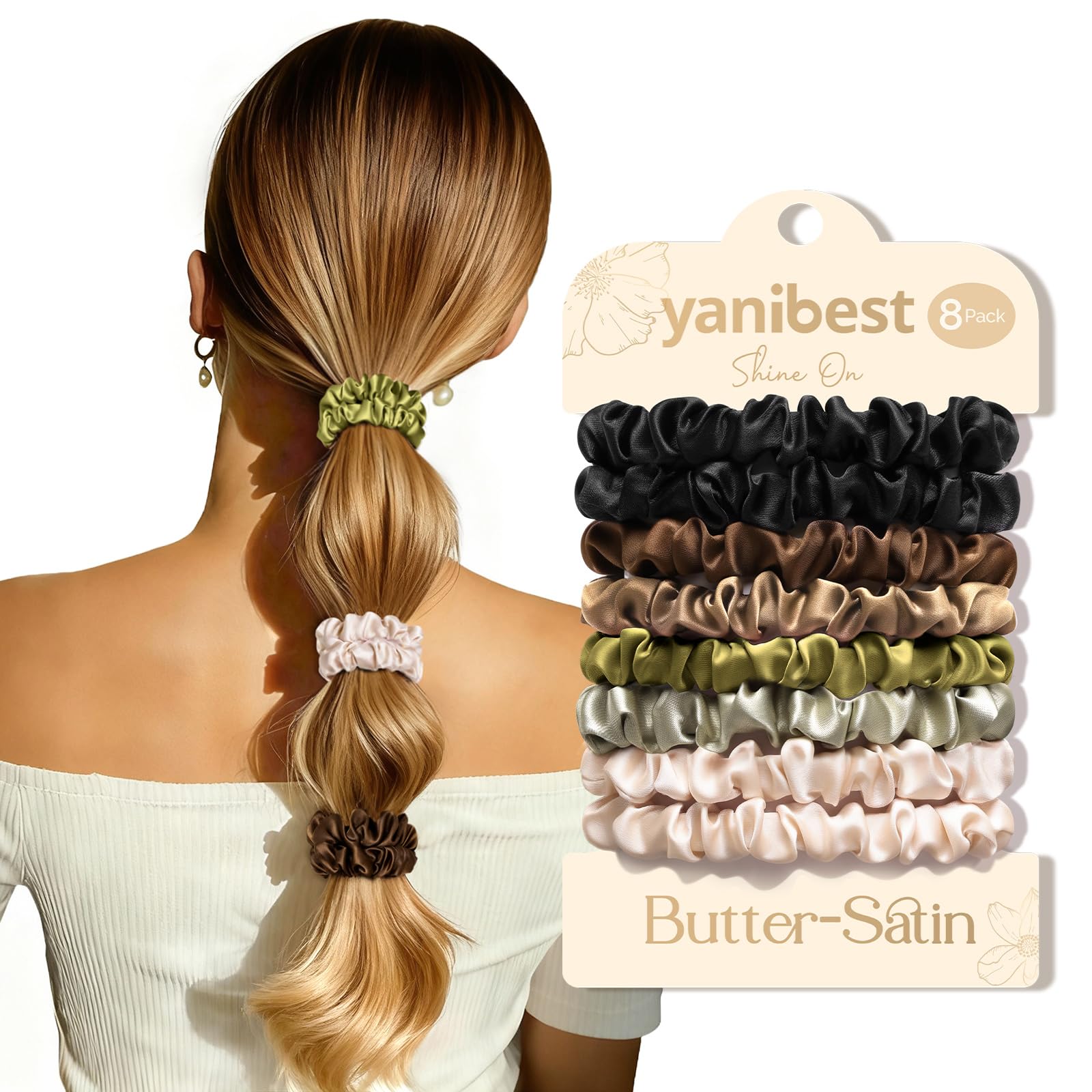 YANIBEST front packaging showing eight satin hair ties and box for gifting
