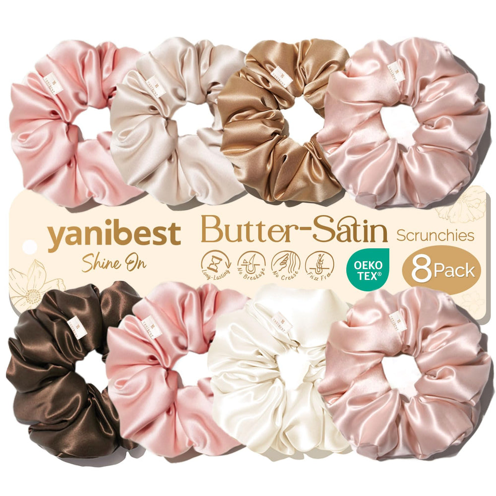 YANIBEST front packaging showing eight satin scrunchies, durable variety benefit