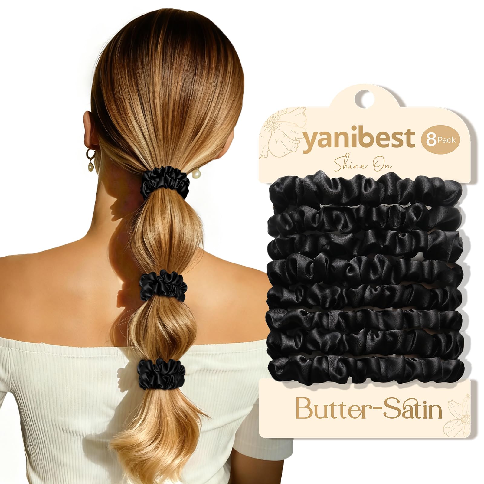YANIBEST front packaging showing eight satin hair ties, neat and gift-ready