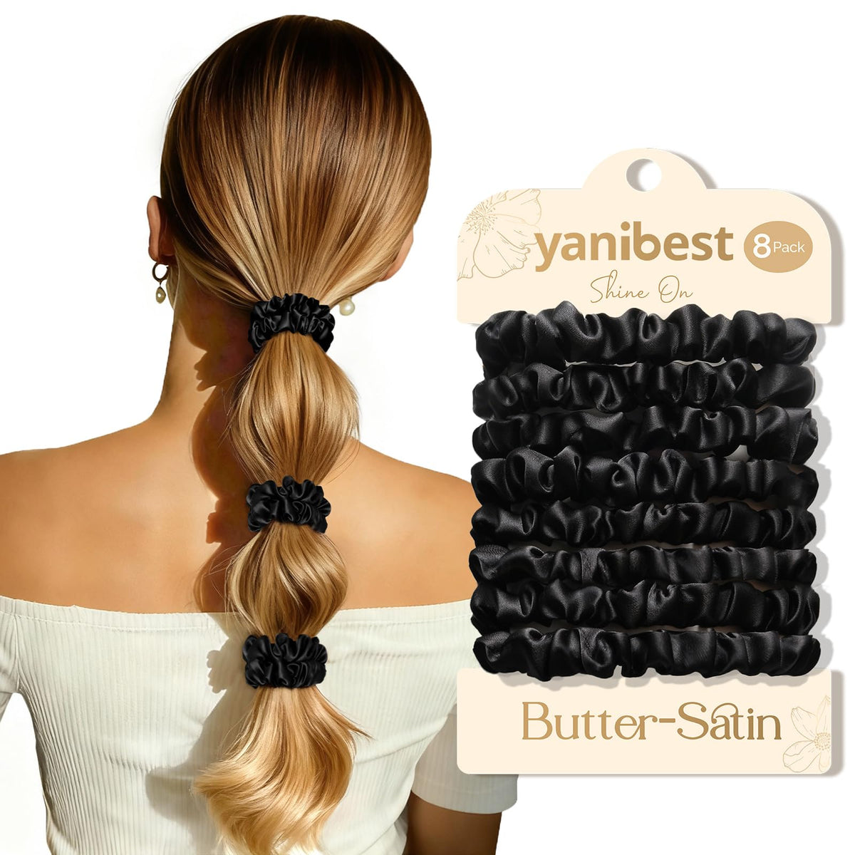 YANIBEST front packaging showing eight satin hair ties, neat and gift-ready