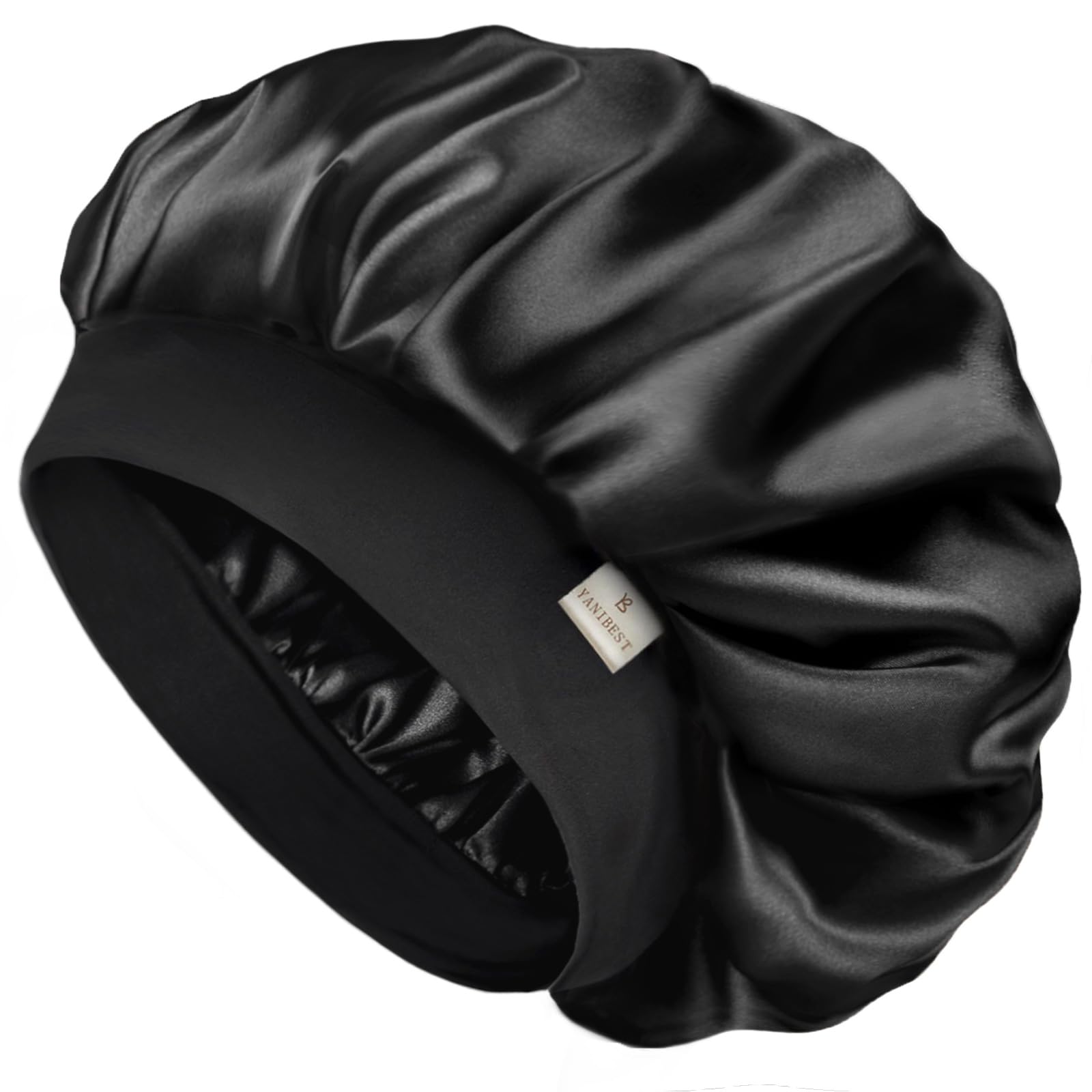 YANIBEST front view of black bonnet showing smooth satin and secure fit benefit
