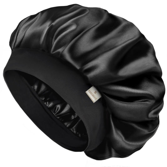 YANIBEST front view of black bonnet showing smooth satin and secure fit benefit