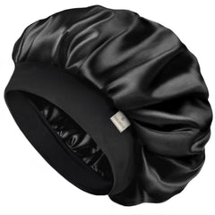 YANIBEST front view of black bonnet showing smooth satin and secure fit benefit