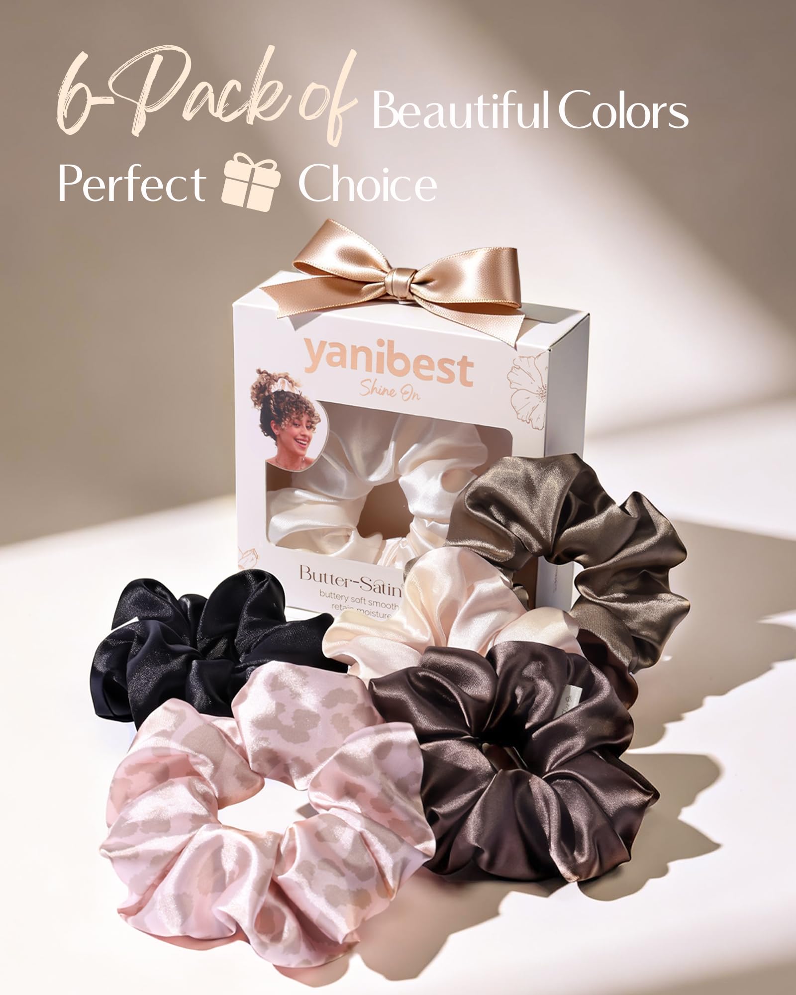 YANIBEST gift box display with six scrunchies ready for gifting, premium presentation
