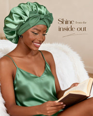 YANIBEST model wearing bonnet while sleeping benefit: maintains hairstyle overnight