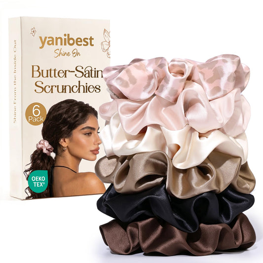 YANIBEST satin scrunchies pack front showing multicolored set and neat presentation