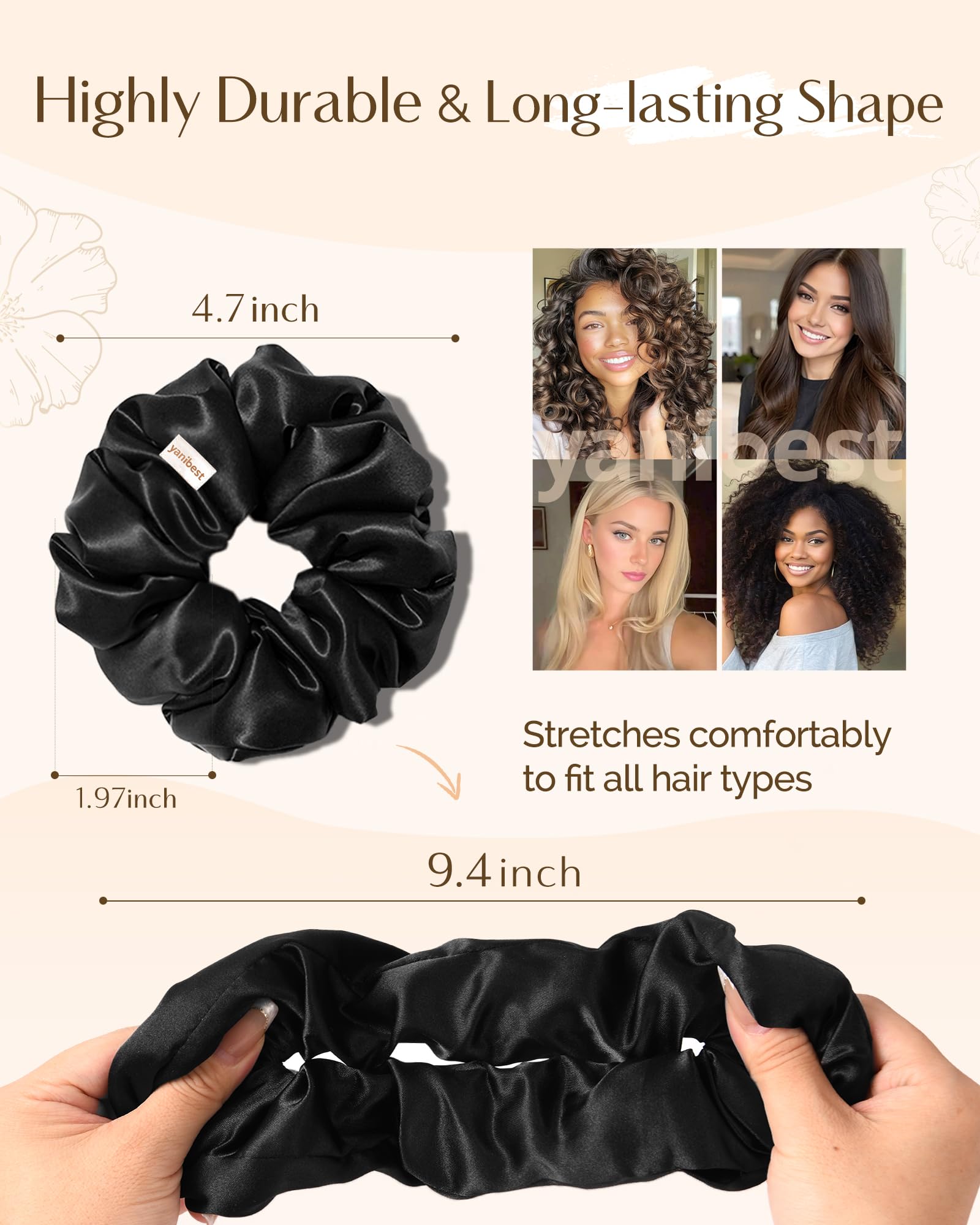 close-up satin texture of YANIBEST scrunchie showing smooth fabric and reduced friction
