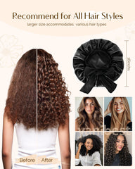 YANIBEST woman wearing bonnet preserving curls and reducing morning frizz