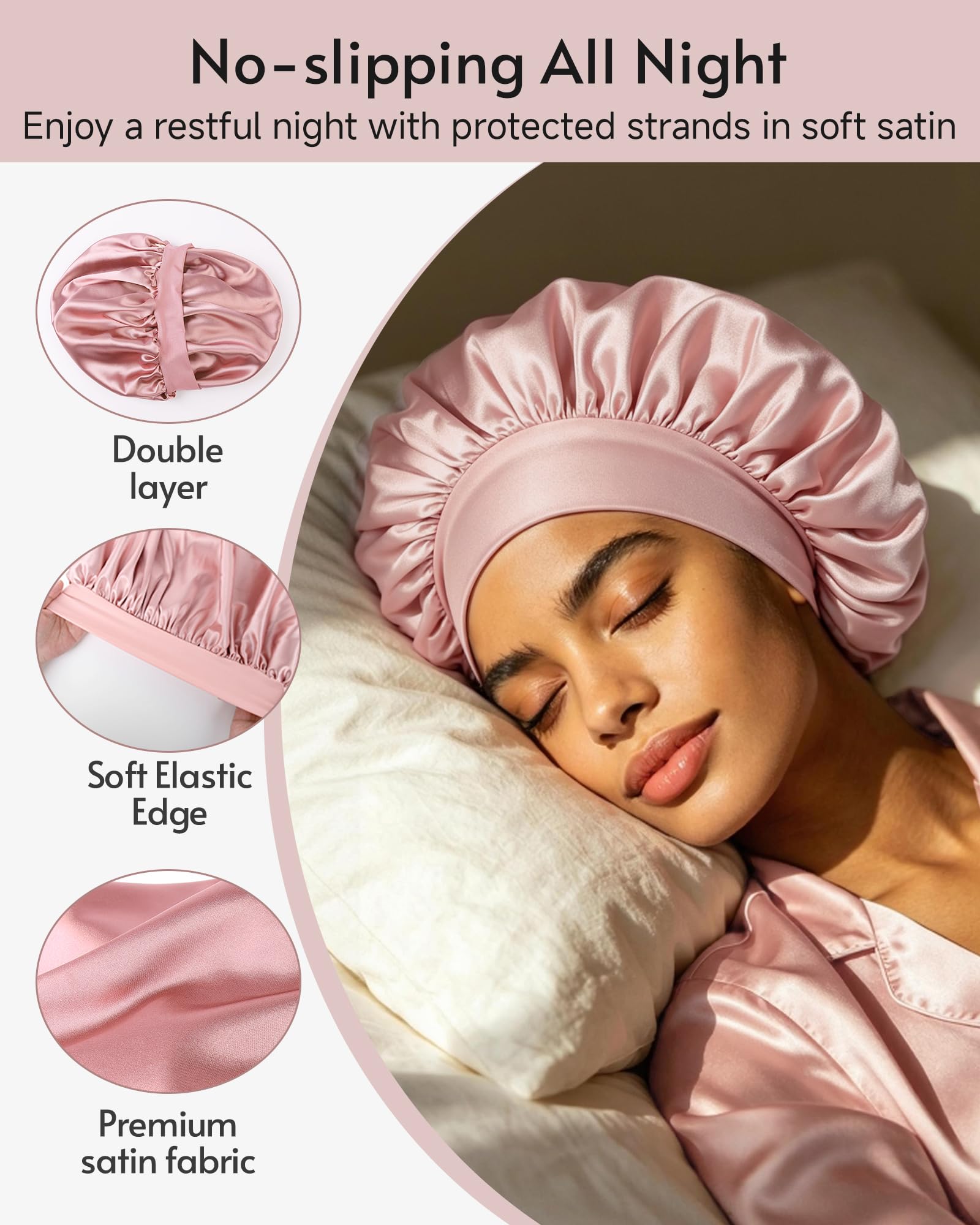 Yanideer satin bonnet elastic edge detail demonstrating secure non-slip hold