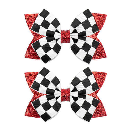 YanJie front view of two checkered bows showing racing style and sparkle benefit