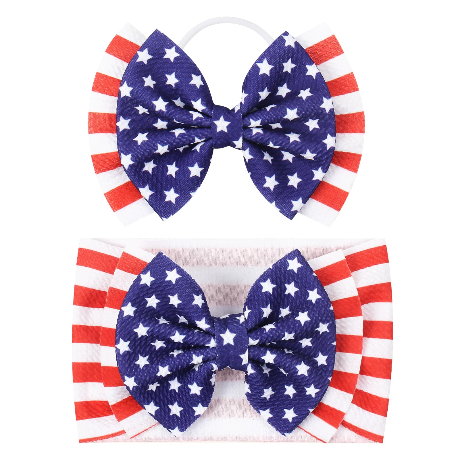 YanJie front view of two patriotic bow headbands shows festive look and fit
