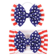 YanJie front view of two patriotic bow headbands shows festive look and fit