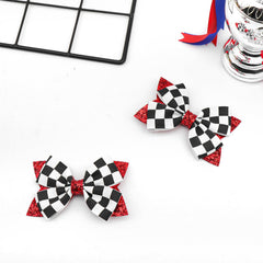 YanJie girl wearing bows at a racing-themed event showing playful coordinated look benefit