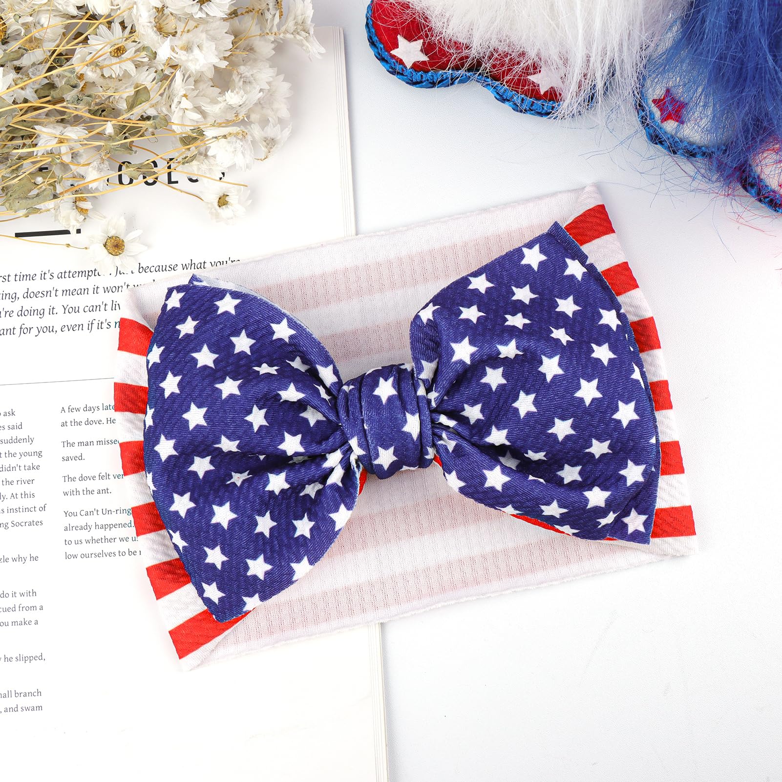 YanJie headband next to ruler showing 7-inch bow and 14-inch circumference