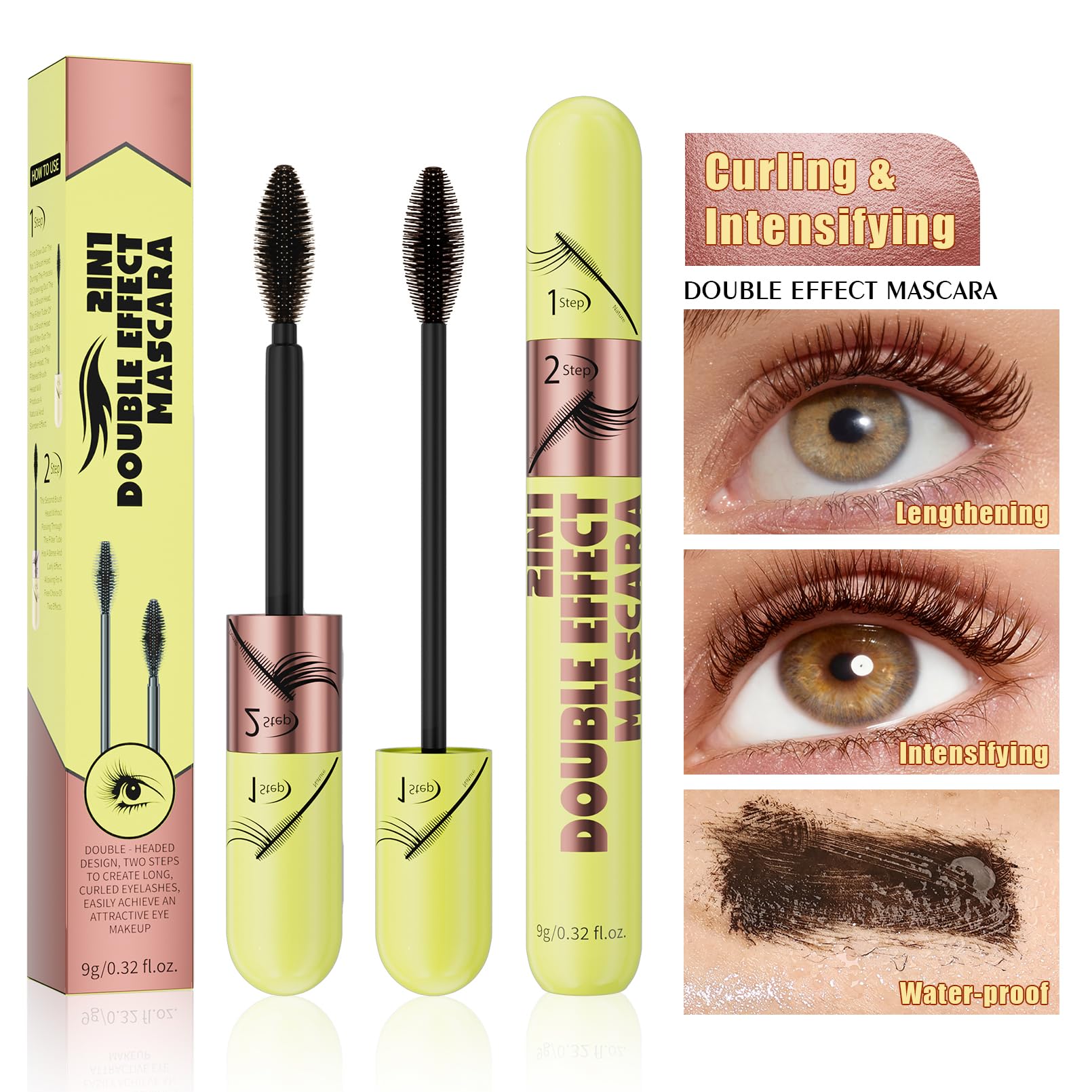 Yanqina mascara swatch on finger illustrating smooth, buildable formula benefit