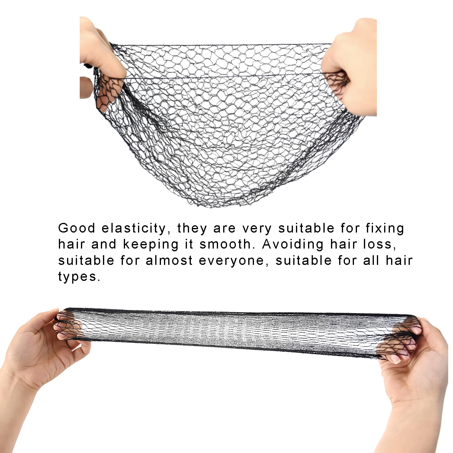 YANTAISIYU hair net shown on a hand for scale showing 20-inch circumference fit
