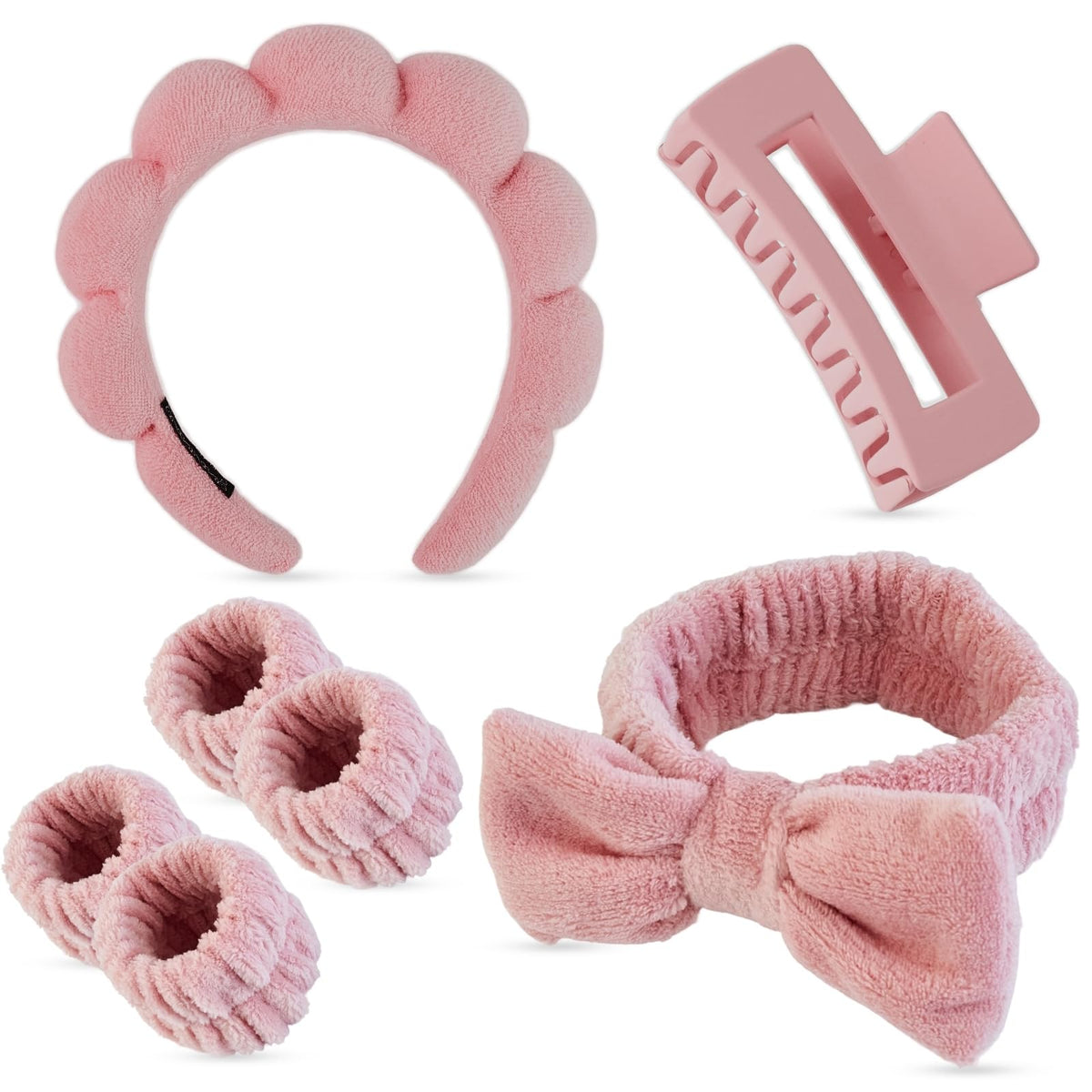 Yaqulen front view of coral pink 7-piece spa set, neat gift-ready presentation