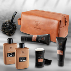 Yard House kit in use in shower highlighting relaxing smoky sandalwood scent
