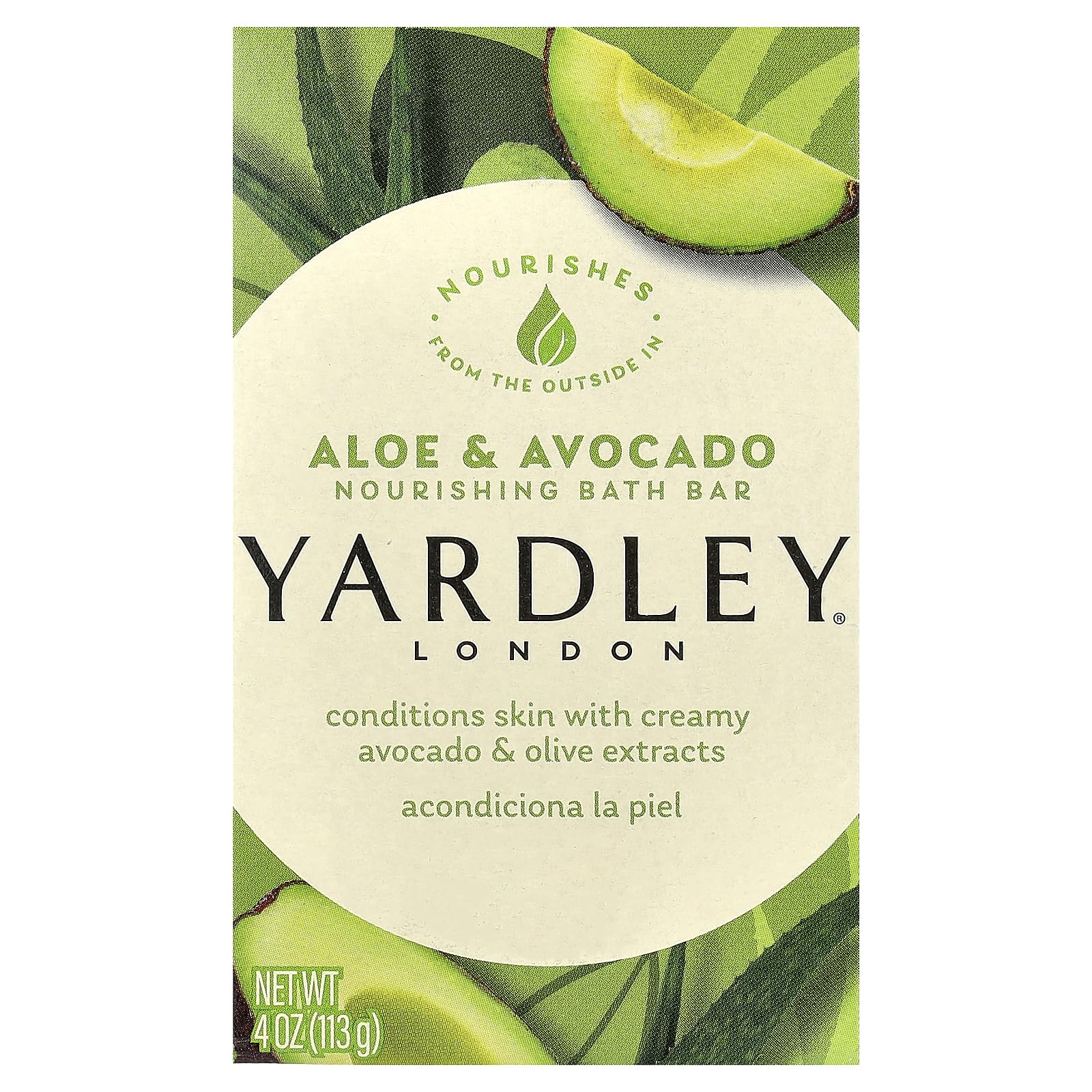 Yardley front packaging showing six aloe and avocado bars for convenient storage