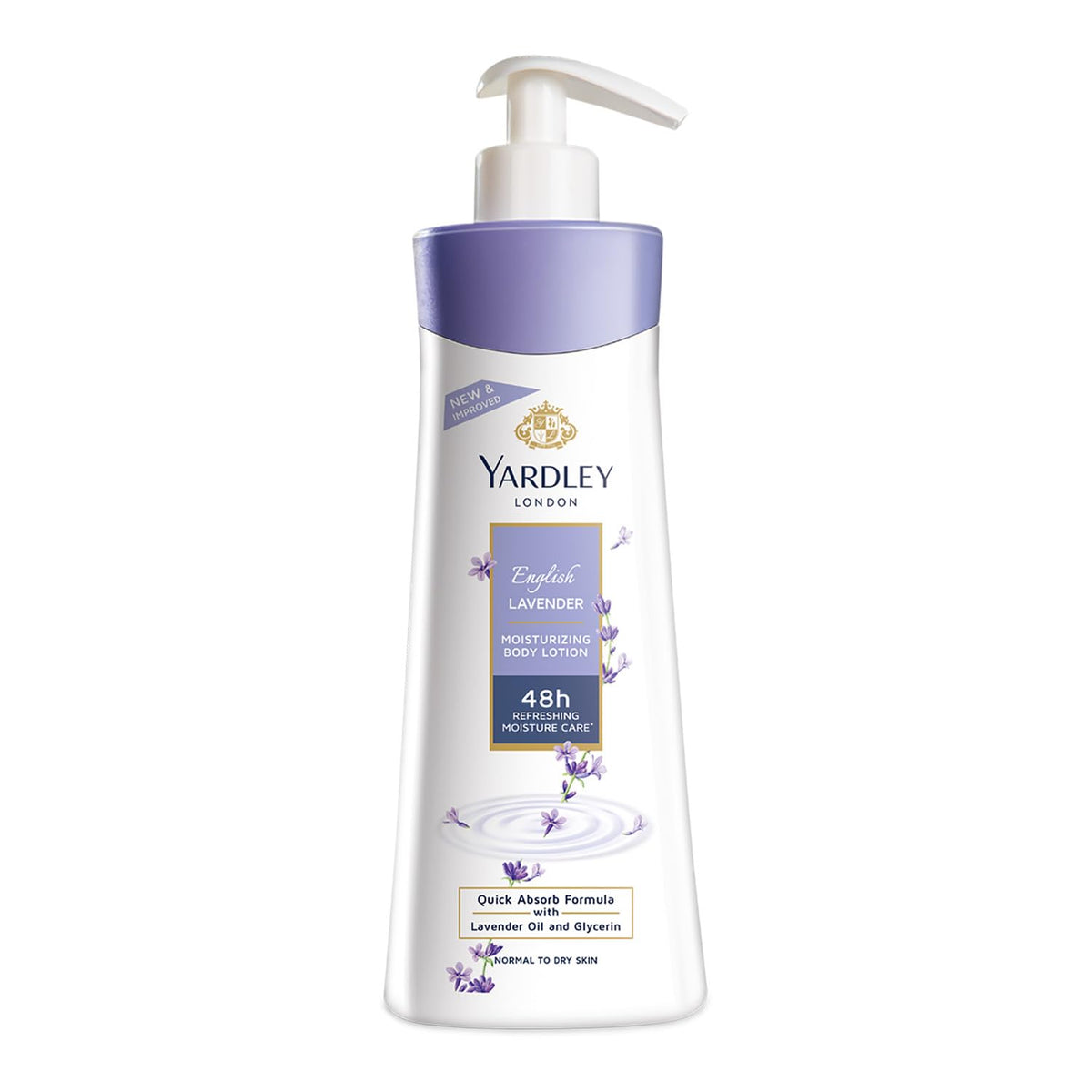 Yardley front bottle showing classic lavender fragrance and easy use