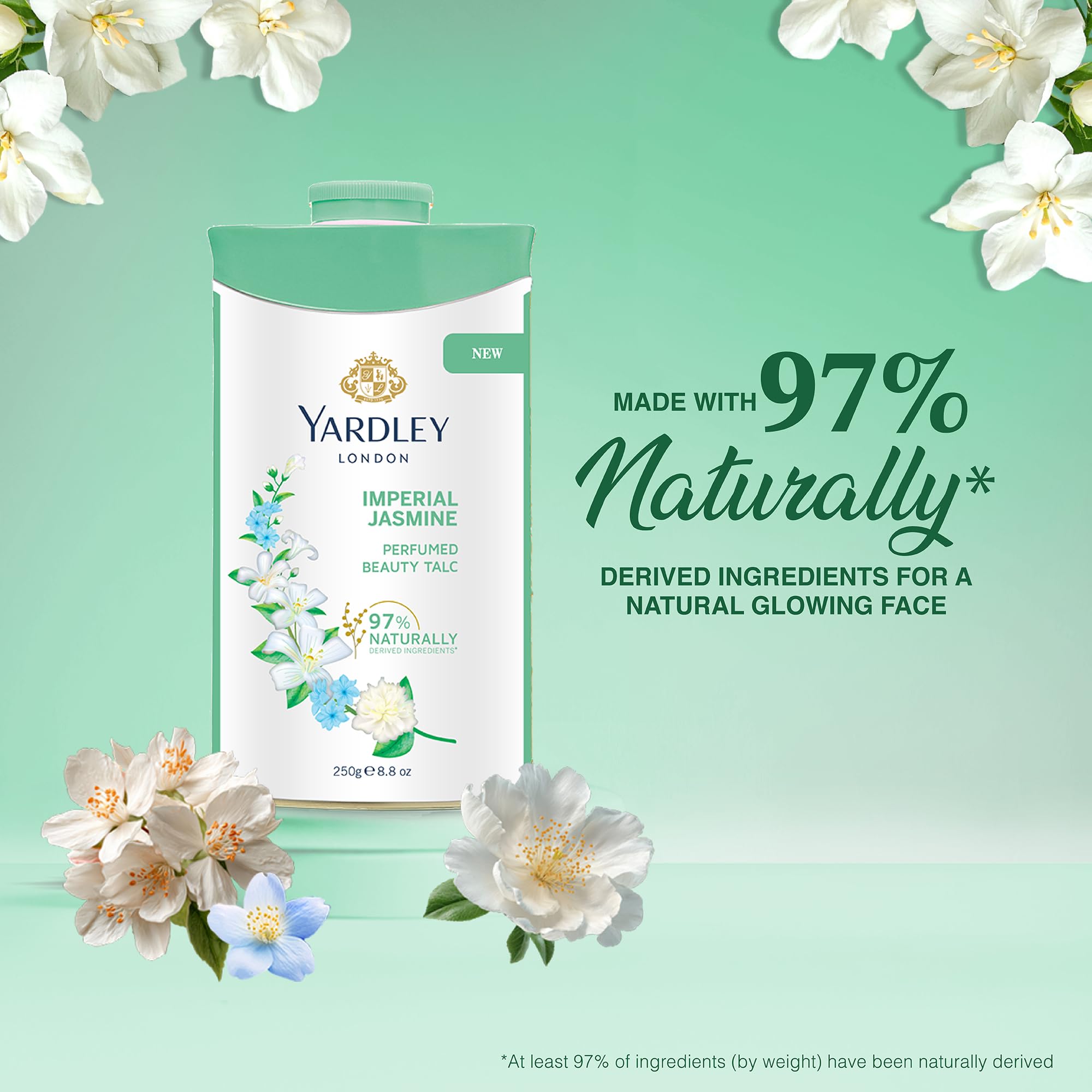 Applying Yardley jasmine talc to arm demonstrating smooth feel