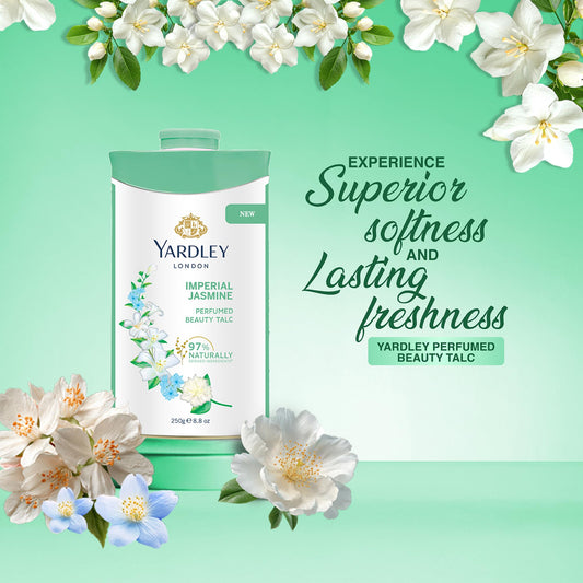 Yardley jar open to reveal soft talc powder for fresh skin