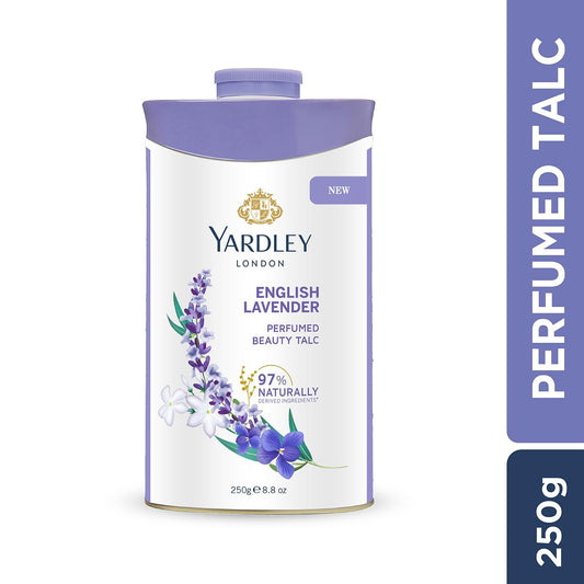 Yardley lavender talc texture close-up demonstrating fine, absorbent powder