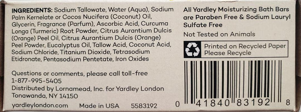 Yardley London bar held in hand to show size and ergonomic shape offering easy daily use