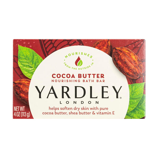 Yardley London front packaging showing moisturizing cocoa butter benefits