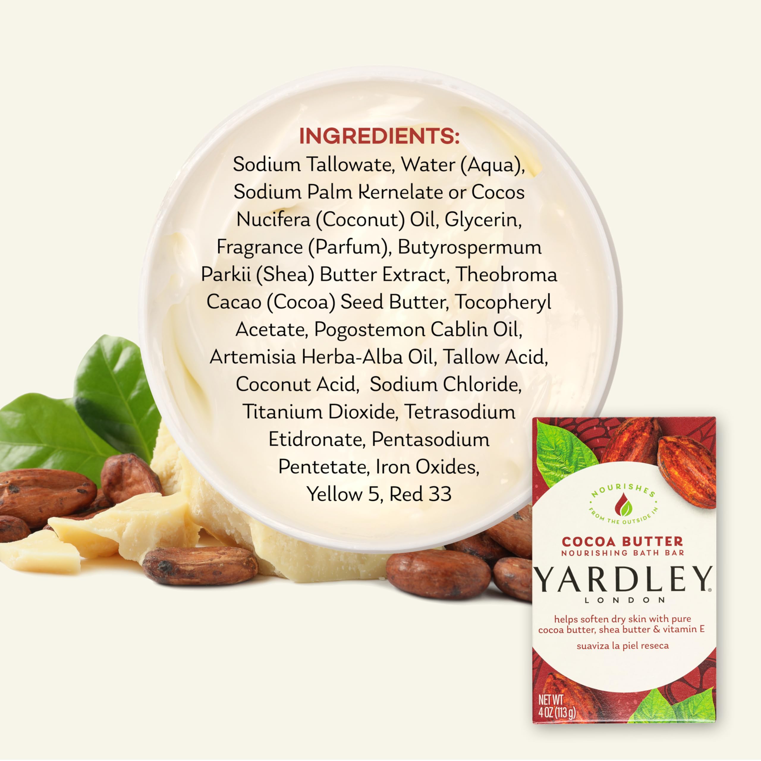 Yardley London ingredient label close-up showing cocoa butter and vitamin E benefit