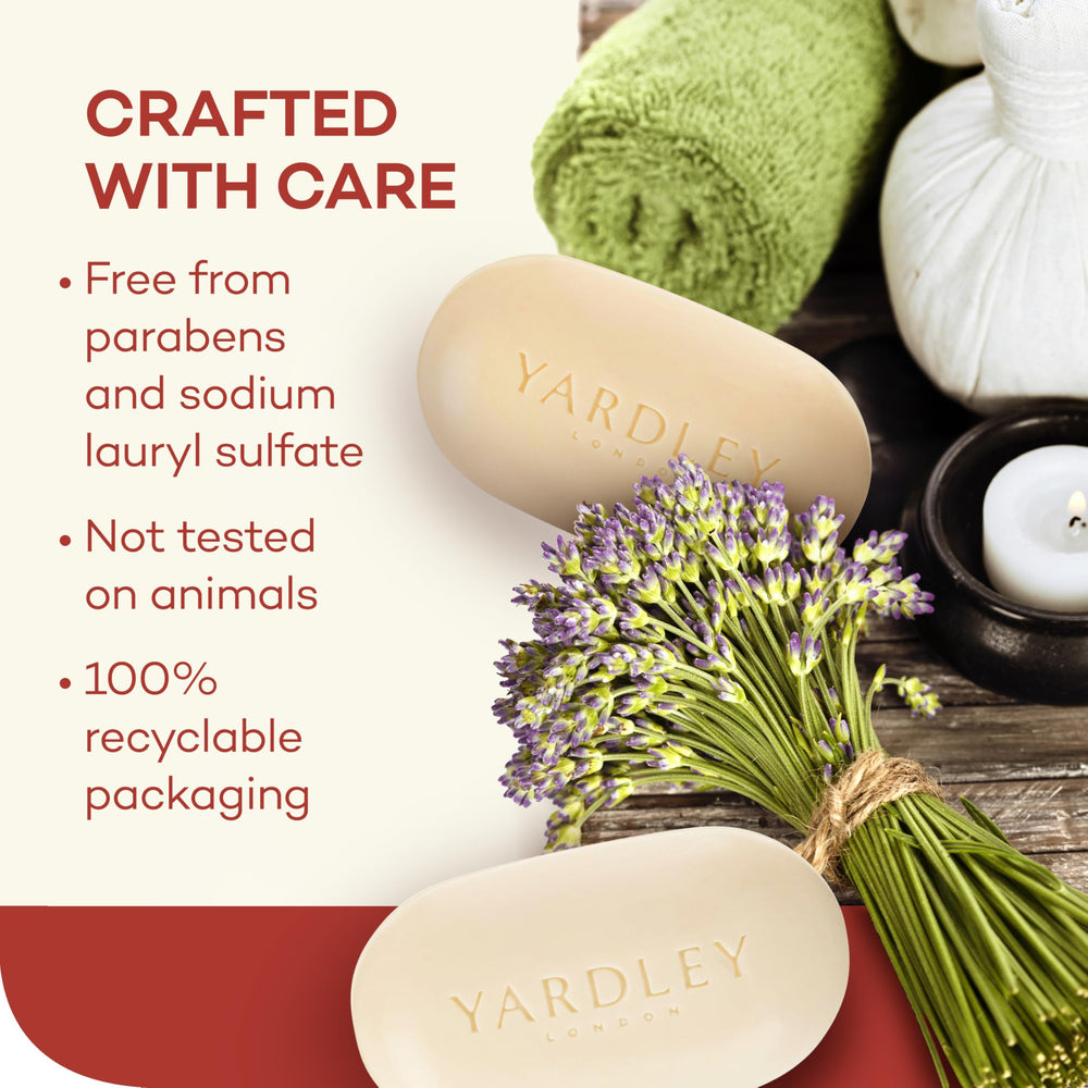 Yardley London soap in hand for scale showing compact, travel-friendly benefit