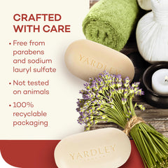 Yardley London soap in hand for scale showing compact, travel-friendly benefit