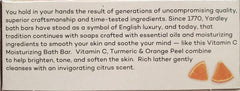 Yardley London soap lather close-up showing creamy foam and turmeric flecks for gentle cleansing