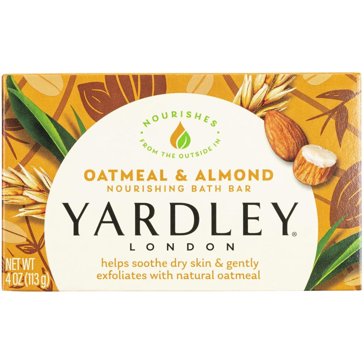 Yardley front packaging showing nourishing oat and almond benefits