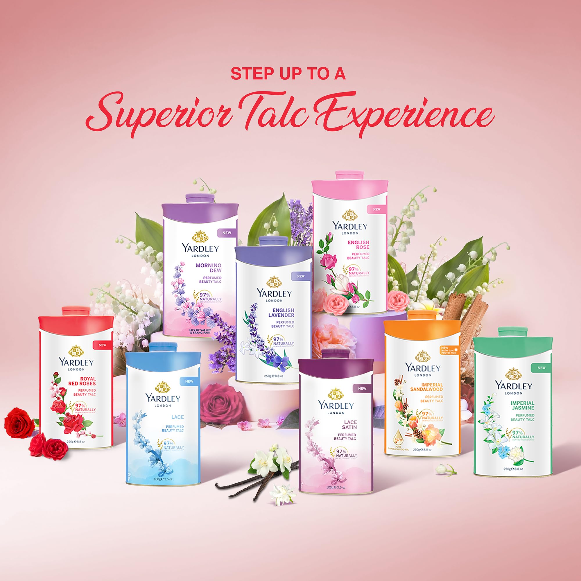 Yardley talc beside fresh red roses illustrating authentic floral scent and fragrant boost benefit